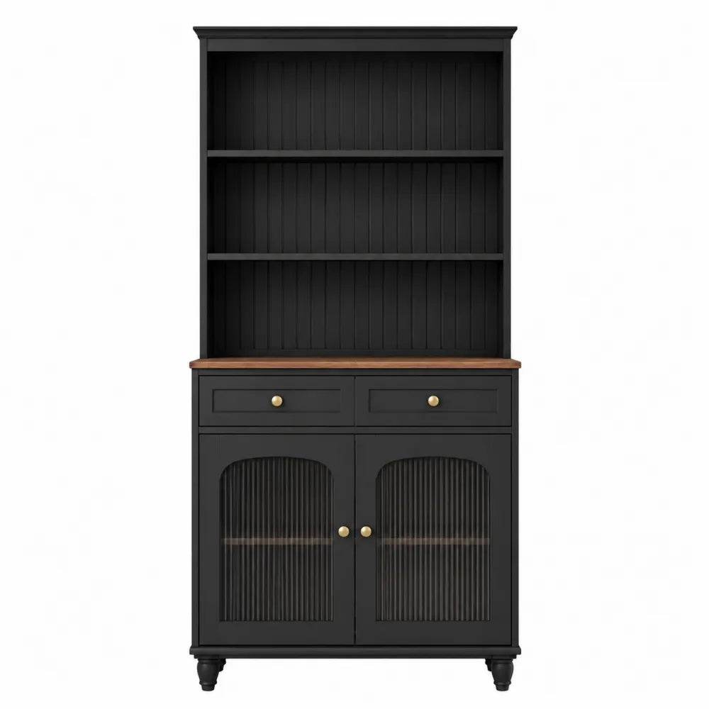 Credenza buffet alta 160 x 40 x 200 cm in MDF nero con ripiani aperti cassetti ante in vetro scanalato e piano effetto legno
