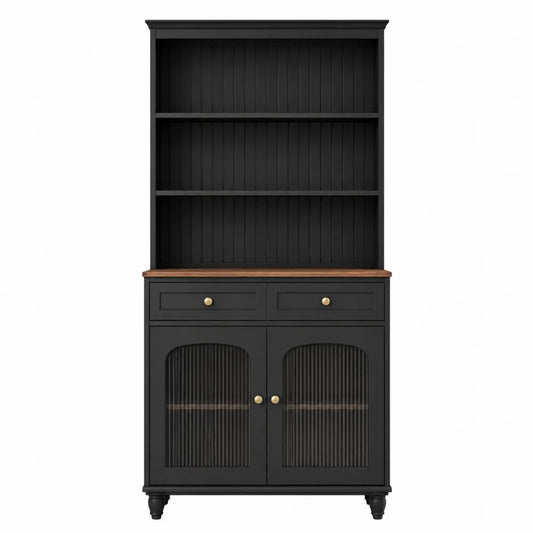 Credenza buffet alta 160 x 40 x 200 cm in MDF nero con ripiani aperti cassetti ante in vetro scanalato e piano effetto legno
