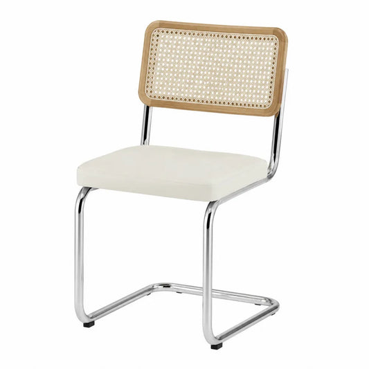 Sedia da pranzo con struttura a slitta in acciaio cromato schienale in rattan naturale seduta imbottita in tessuto poliestere colore beige 52 cm x 55 cm x 82 cm