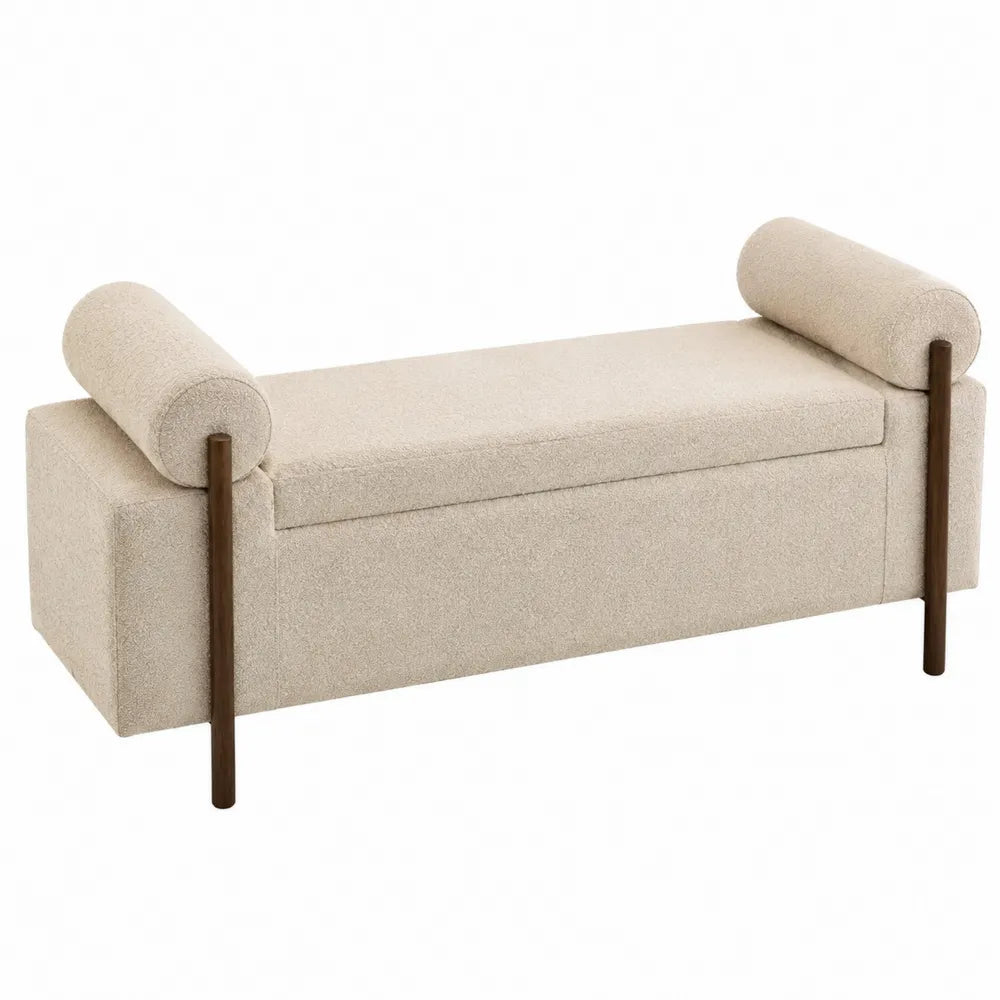 Panca imbottita 140 x 45 x 60 cm in tessuto bouclé beige con struttura in legno massello e elementi laterali cilindrici in legno