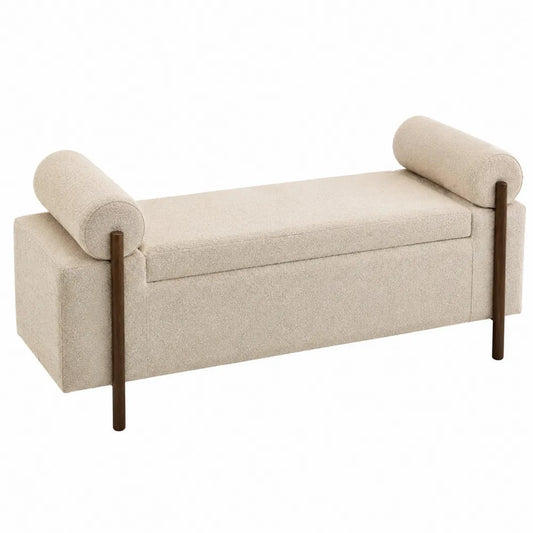 Panca imbottita 140 x 45 x 60 cm in tessuto bouclé beige con struttura in legno massello e elementi laterali cilindrici in legno