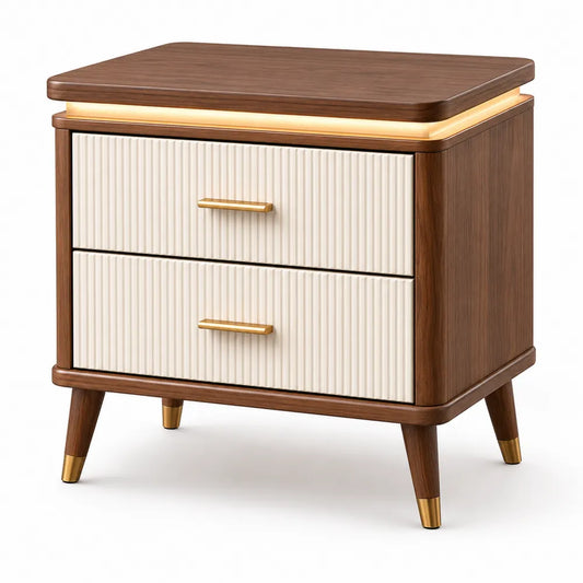 Comodino rettangolare con 2 cassetti e LED in MDF effetto noce marrone e beige 55 x 40 x 50 cm