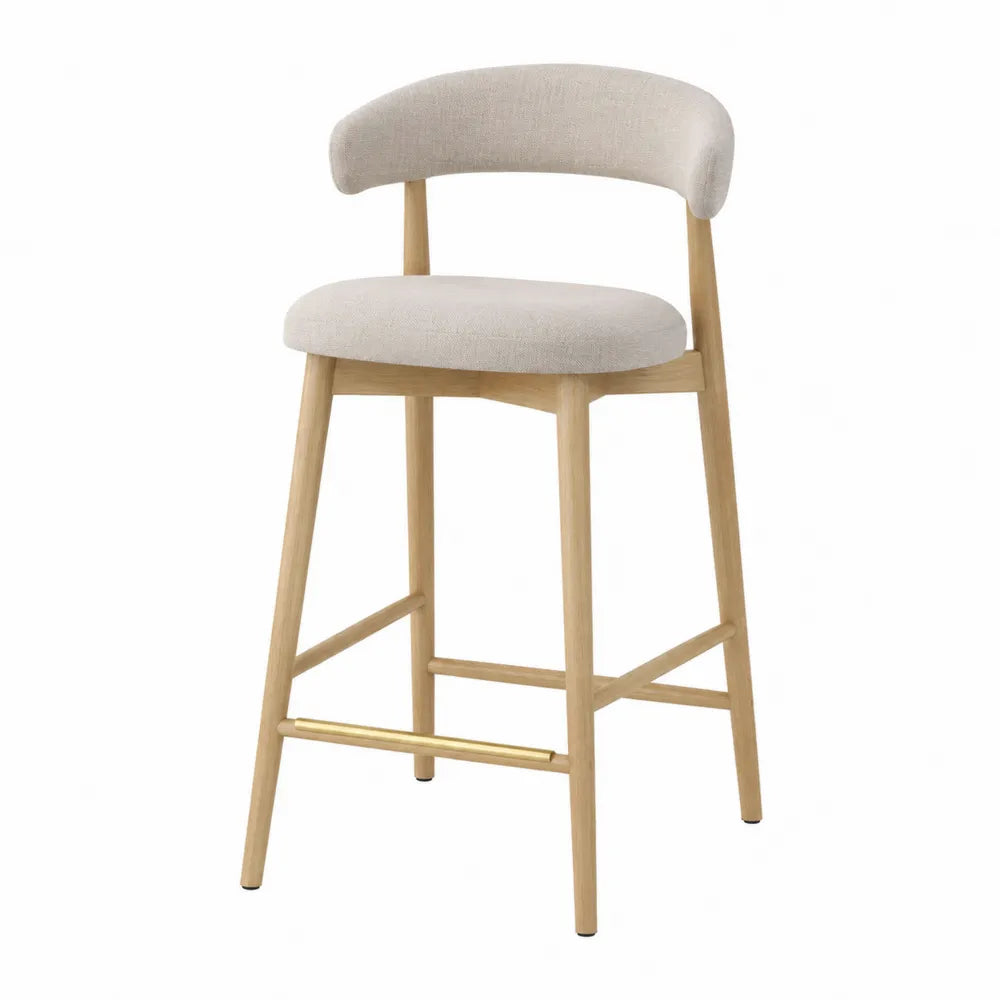 Sgabello da bar con schienale imbottito in tessuto poliestere struttura in legno massello di faggio colore beige e legno naturale con poggiapiedi in acciaio dorato 95 cm