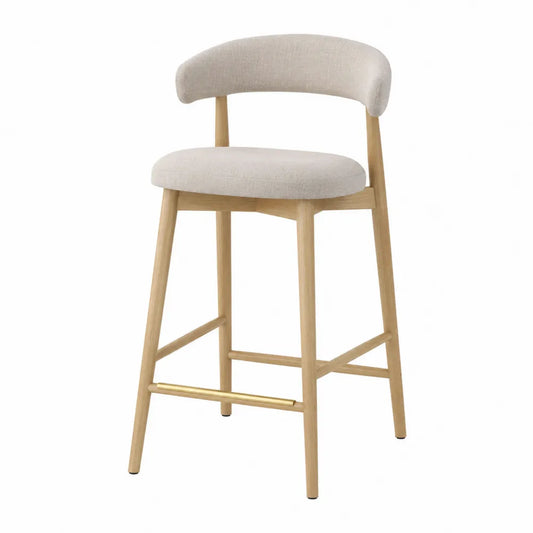 Sgabello da bar con schienale imbottito in tessuto poliestere struttura in legno massello di faggio colore beige e legno naturale con poggiapiedi in acciaio dorato 95 cm