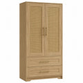 Armadio guardaroba rettangolare con 2 ante in rattan e 2 cassetti in MDF effetto rovere naturale 90 x 40 x 180 cm
