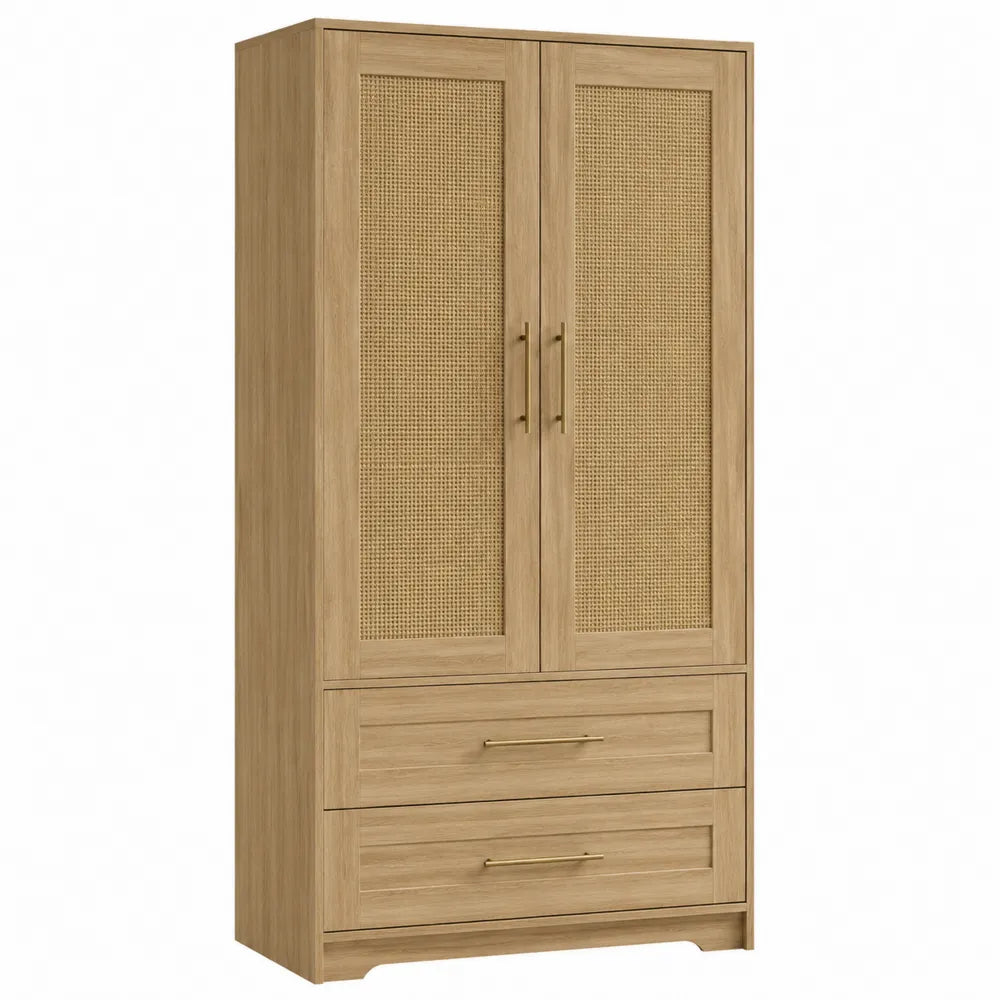Armadio guardaroba rettangolare con 2 ante in rattan e 2 cassetti in MDF effetto rovere naturale 90 x 40 x 180 cm