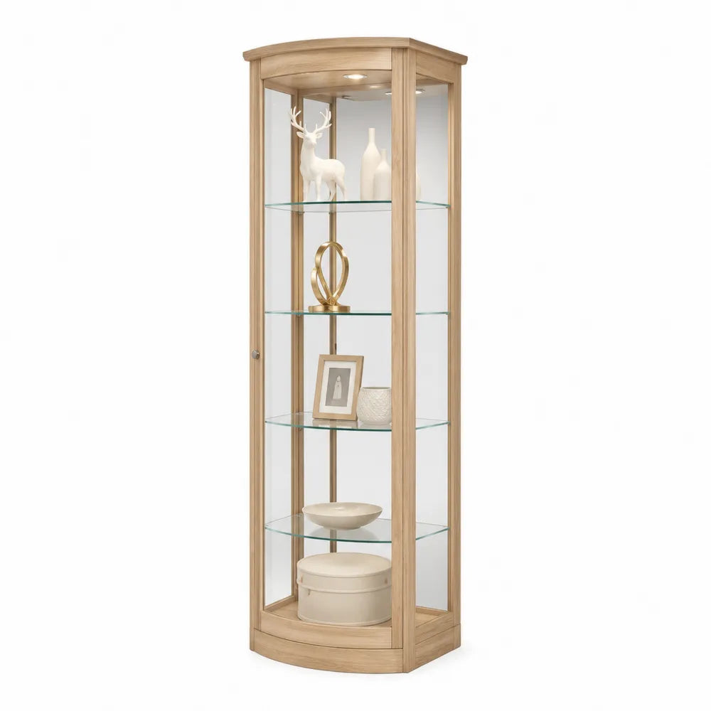 Vetrina angolare alta in MDF rovere chiaro e vetro temperato trasparente con LED 180 x 60 x 40 cm con ripiani in vetro