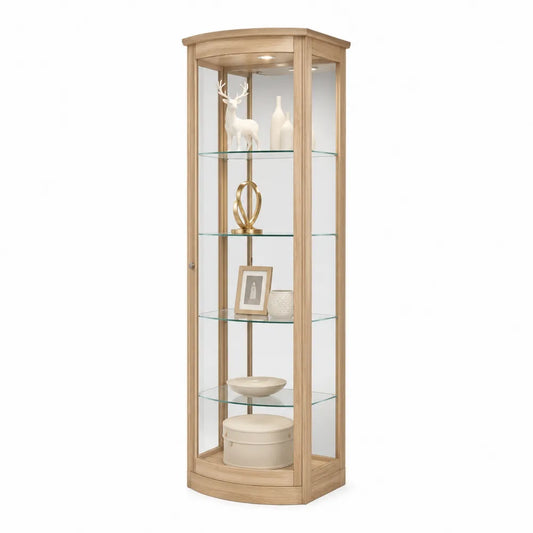 Vetrina angolare alta in MDF rovere chiaro e vetro temperato trasparente con LED 180 x 60 x 40 cm con ripiani in vetro