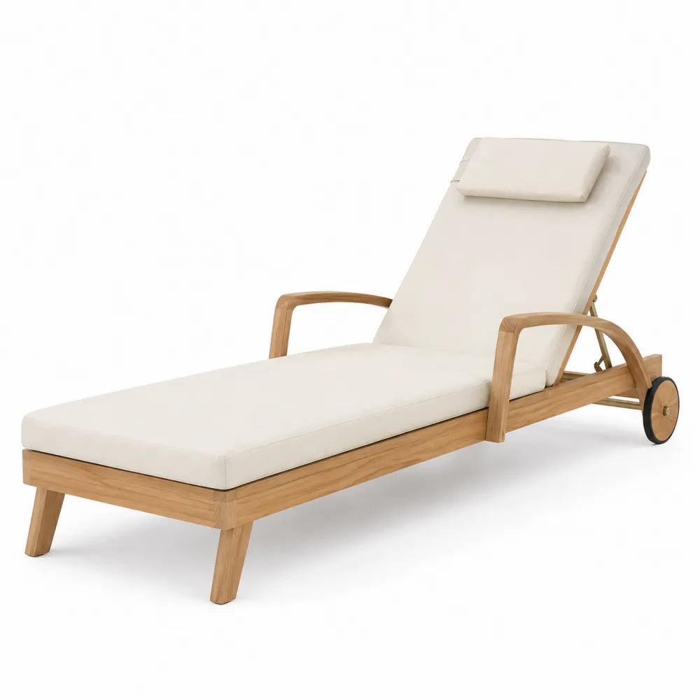 Lettino prendisole da esterno rettangolare in legno massiccio di acacia con ruote schienale regolabile e cuscino beige 200 x 65 x 80 cm
