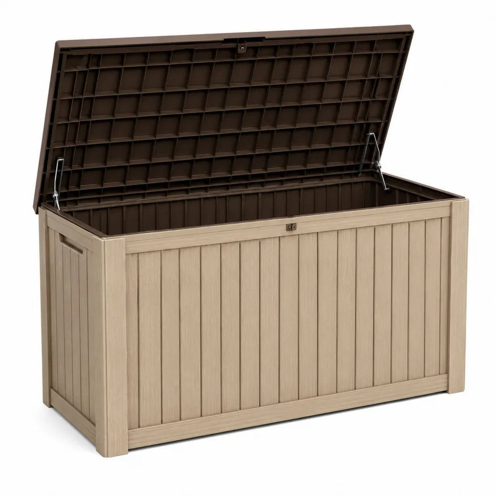baule contenitore da esterno in resina effetto legno con coperchio apribile colore beige e marrone per deposito terrazza